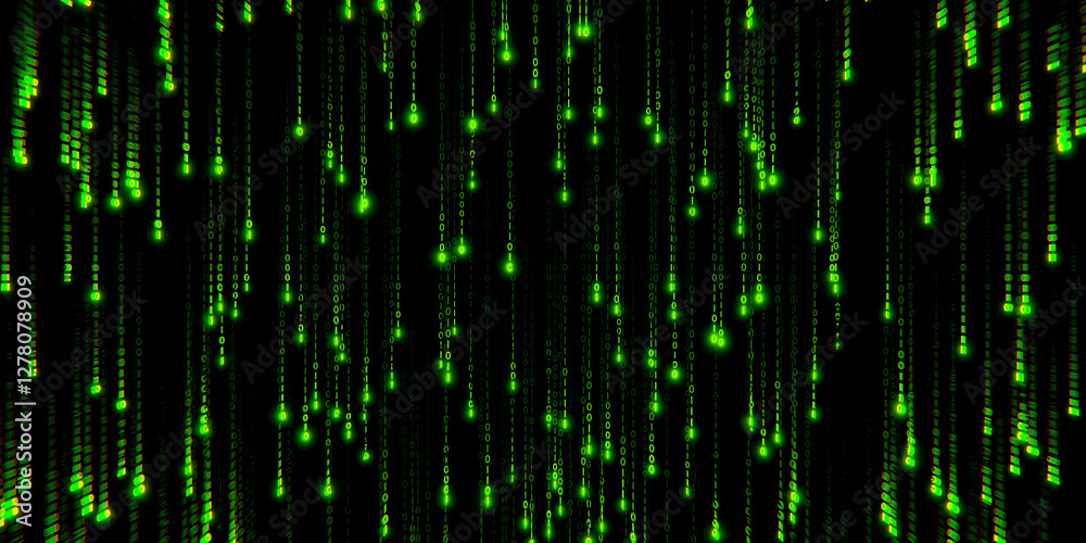 Poster green binary code falling on black background, digital data stream, futuristic matrix style, compute