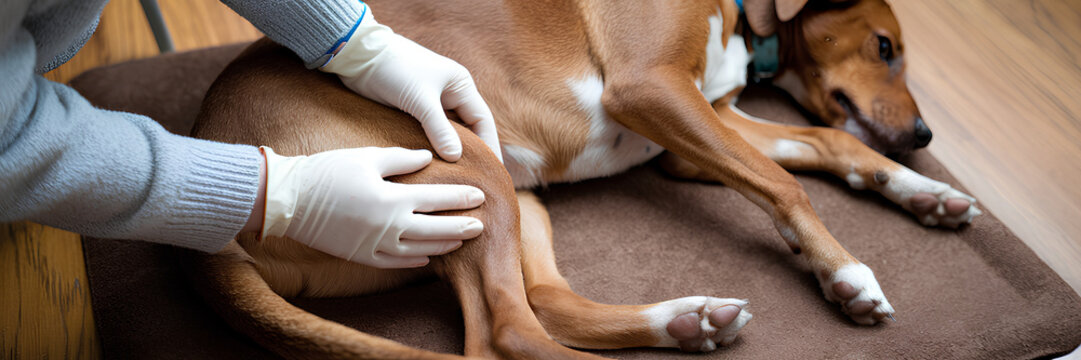 Arthritis in dogs, a vet examines the leg of the dog to see for potential injury	