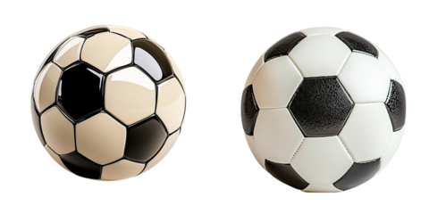 Png of Classic black and white soccer balls with glossy and textured patterns for sports and design concepts on transparent background.