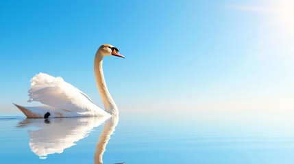 Fototapeta premium Graceful Swan Gliding on Serene Lake Reflecting Peaceful Blue Sky and Sunlight