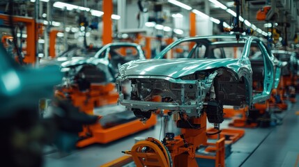 Fototapeta premium Automotive assembly line showcasing car manufacturing process.