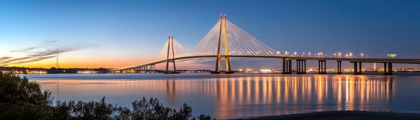 Fototapeta premium Beautiful sunset view of a modern bridge spanning a serene river.