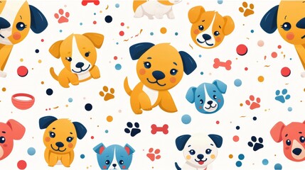 Cute cartoon dogs pattern on white background with paw prints and bones.  Possible use children's book cover, website background, etc