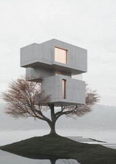 Naklejka premium 3d rendering of a modern architectural structure on a small island. the structure is made up of three levels, each with a unique design.