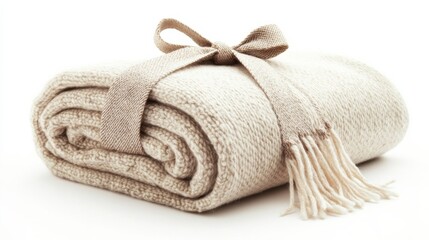 Beige Knitted Throw Blanket with Ribbon
