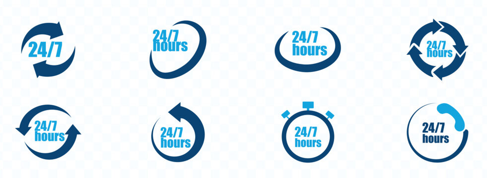 24 7 service icon set. 24-7 open, concept with call icon. Support 24 hours a day and 7 days a week. Support service. Vector Illustration.