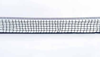 Horizontal photograph of a tennis net centered on a white background
