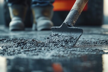 Construction worker mixing concrete with shovel on site
