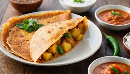 A Aloo Masala stuffed in a thin, crispy dosa, partially rolled, served with rice and a side of curry, warm and inviting