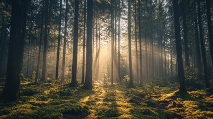 Obraz premium Sunlight shining through trees in a lush forest.