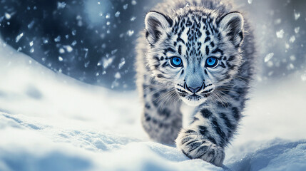 Snow leopard with blue eyes running through snow alongside playful baby snow leopard exploring snowy landscape