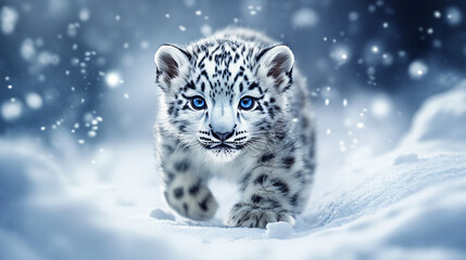Snow leopard cub exploring snowy landscape in natural habitat during winter season