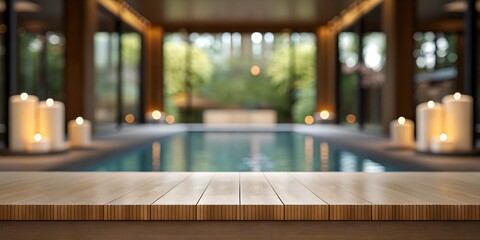  Elegant wooden tabletop with a blurred background of a luxurious spa with a pool, candles, and ambient lighting. A serene, tranquil setting perfect for wellness and relaxation-themed designs.