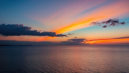 Fototapeta premium A serene sunset over a calm sea, vibrant orange and yellow hues blending into a soft blue sky, distant dark coastline, gentle waves reflecting the colourful light