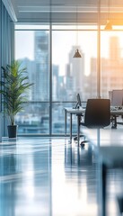 Modern office interior with city view and reflective floor