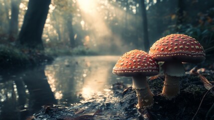 Two red mushrooms growing near a pond in a forest. The sun rays are shining through the trees.