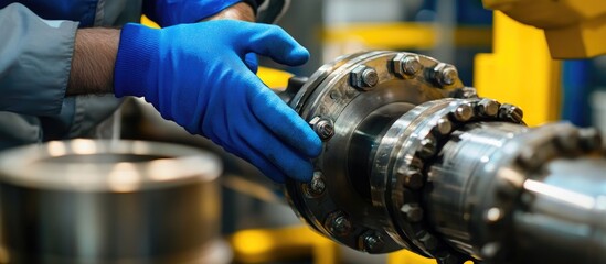 Industrial worker repairs pipeline joint in factory
