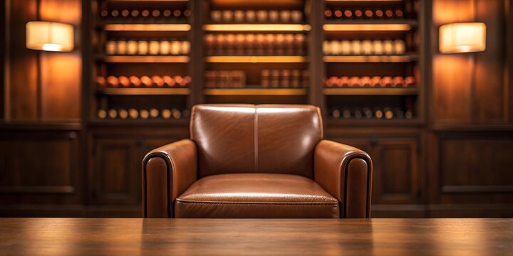 A dark wooden tabletop in a luxurious cigar lounge with a leather armchair and warm lighting. Ideal for premium lifestyle, relaxation, and sophisticated themes.