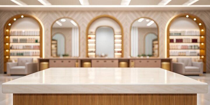 A white tabletop in a luxurious beauty salon with golden accents and elegant shelves of beauty products. Perfect for skincare, wellness, and premium beauty content.