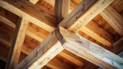 Rustic wooden roof beams, interior detail, construction, sunlight