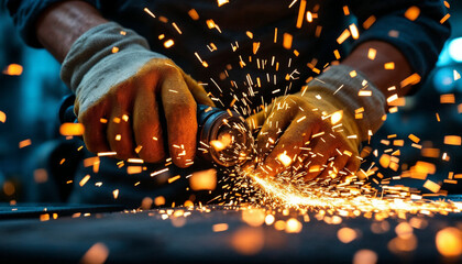 A skilled worker cutting metal with sparks flying, showcasing precision in an industrial setting.

