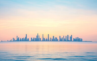 Fototapeta premium Sunrise Over Modern City Skyline Reflecting on Tranquil Waterfront