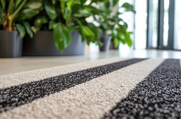 Striped entryway mat in modern office with plants