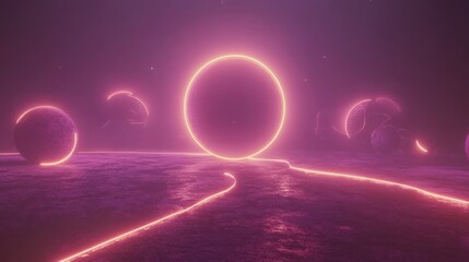 Fototapeta premium Pink neon portal, alien landscape, futuristic scene