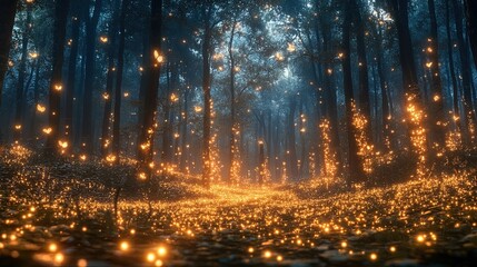 Fototapeta premium A dreamy, magical forest illuminated by soft bioluminescent lights, enchanting and mysterious