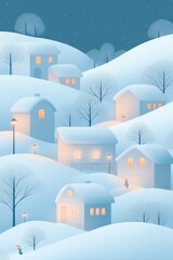 Cozy village nestled in snowy hills, glowing windows create warm