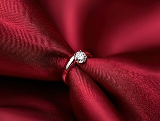 Elegant diamond ring on luxurious red satin fabric.