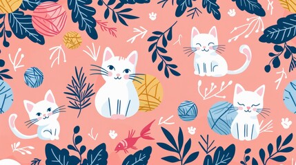 Cute cats, floral pattern, whimsical background, for textiles or stationery