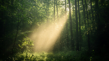 Golden Sunlight Through Lush Green Forest