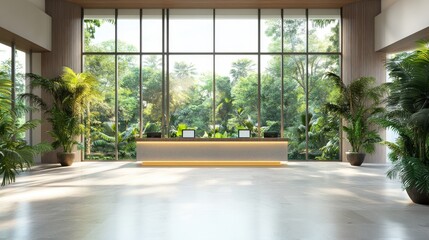Modern Hotel Reception Area With Lush Greenery