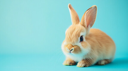 Small fluffy rabbit sitting on a vibrant blue surface with soft fur and curious expression