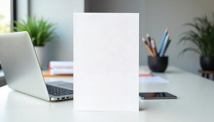 A vertical paper mockup displayed on a clean office desk, accompanied by a laptop and a plant. The professional setup makes it ideal for business branding, document presentations, or marketing designs