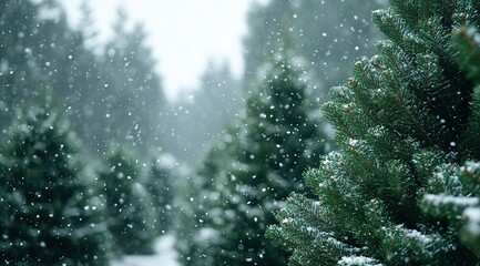 Winter Wonderland: Snow Falling Softly on Evergreen Trees in a Christmas Tree Farm