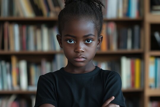 Young girl poses thoughtfully in front of a bookshelf full of books during a quiet moment indoors