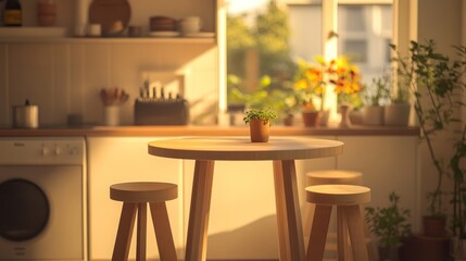 Sunny kitchen table, plants, morning light