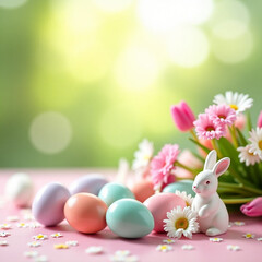 Pastel-colored eggs, a white bunny figurine, and a bouquet of flowers on a table with scattered daisy heads. Soft and delicate composition for Easter, spring, and festive decoration themes.