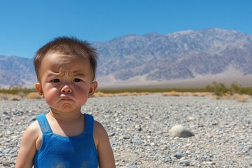 Child stands defiantly on rocky terrain under clear blue sky in desert landscape surrounded by mountains