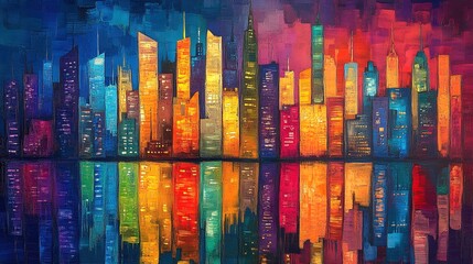 Obraz premium A colorful cityscape reflecting on a river at night, artistic and vibrant