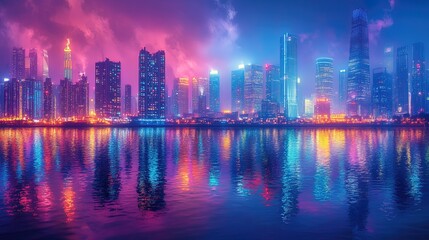 Fototapeta premium A colorful cityscape reflecting on a river at night, artistic and vibrant
