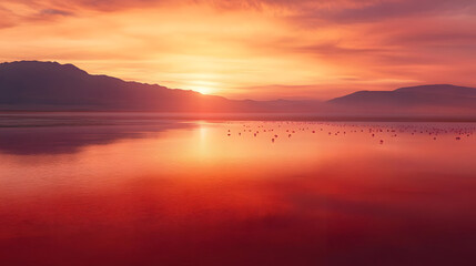 Fototapeta premium Serene sunset over tranquil water, vibrant orange and purple hues reflecting on lake surface, perfect for nature themes.