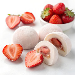 Strawberry-filled mochi balls, cut open to reveal fruit inside. isolated on a white background