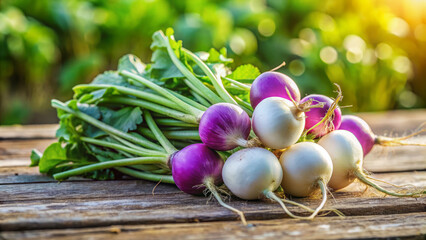 Fresh white turnips with purple tops, resting on a rustic wooden surface. Natural light highlights their texture and soft shadows. Blurred garden setting