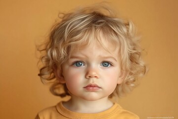 Naklejka premium Curly-haired child with blue eyes gazes thoughtfully against a warm orange backdrop