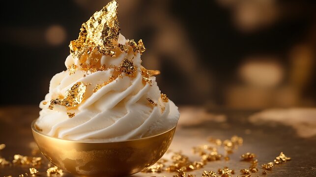 Ice cream topped with edible gold flakes luxury theme
