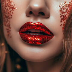 Fototapeta premium Close-Up of Red Sequined Lips with Sparkling Detail