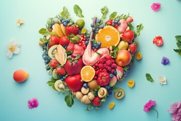 Heart-shaped fruit and vegetable arrangement on light blue surface with flowers, healthy eating concept